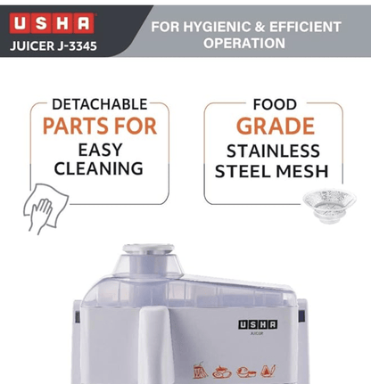 USHA J 3345 450 Watts Juicer, 5 Years Warranty On Motor, 3 Speed With Pulse Function, White