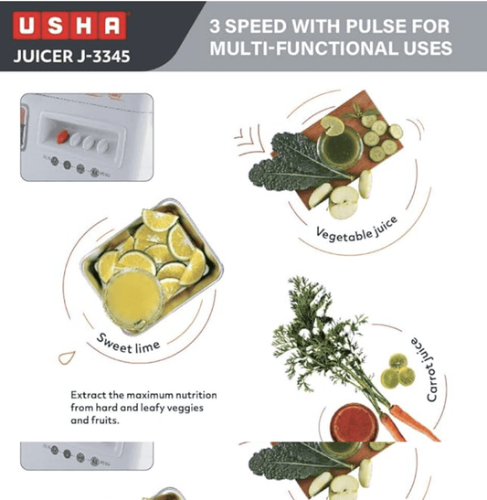USHA J 3345 450 Watts Juicer, 5 Years Warranty On Motor, 3 Speed With Pulse Function, White
