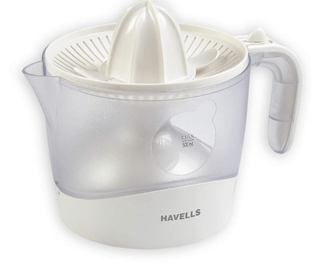 Havells Citrus Press 30 Watt (0.5 L) Juicer With 2 Different Sized Pressing Cones, Transparent Dust Cover Lid, 2 Two Pulp Filters & 2 Year Motor Warranty (White), 30 Watt