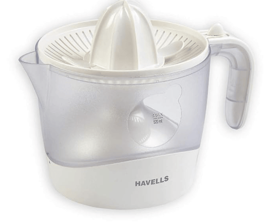 Havells Citrus Press 30 Watt (0.5 L) Juicer With 2 Different Sized Pressing Cones, Transparent Dust Cover Lid, 2 Two Pulp Filters & 2 Year Motor Warranty (White), 30 Watt