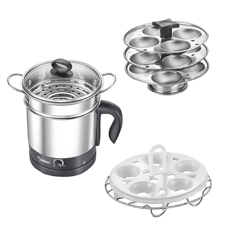 Prestige 1.5L PMC 3.0 Plus Multi Kettle/Multi Cooker|Comes with Idli stand, egg boiling rack & Steamer| Glass Lid with Stainless Steel rim|Temperature Control |Power Indicator (Silver, Black)