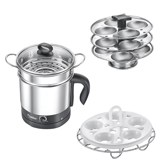 Prestige 1.5L PMC 3.0 Plus Multi Kettle/Multi Cooker|Comes with Idli stand, egg boiling rack & Steamer| Glass Lid with Stainless Steel rim|Temperature Control |Power Indicator (Silver, Black)