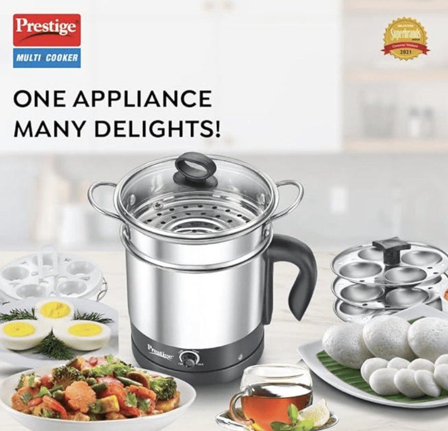 Prestige 1.5L PMC 3.0 Plus Multi Kettle/Multi Cooker|Comes with Idli stand, egg boiling rack & Steamer| Glass Lid with Stainless Steel rim|Temperature Control |Power Indicator (Silver, Black)
