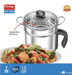 Prestige 1.5L PMC 3.0 Plus Multi Kettle/Multi Cooker|Comes with Idli stand, egg boiling rack & Steamer| Glass Lid with Stainless Steel rim|Temperature Control |Power Indicator (Silver, Black)-3