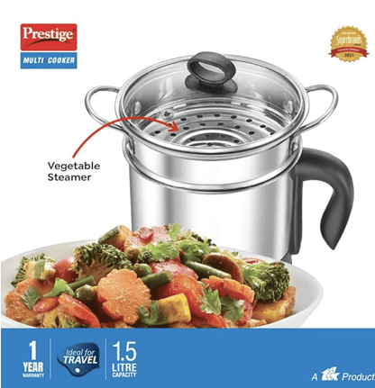 Prestige 1.5L PMC 3.0 Plus Multi Kettle/Multi Cooker|Comes with Idli stand, egg boiling rack & Steamer| Glass Lid with Stainless Steel rim|Temperature Control |Power Indicator (Silver, Black)