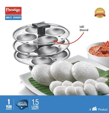 Prestige 1.5L PMC 3.0 Plus Multi Kettle/Multi Cooker|Comes with Idli stand, egg boiling rack & Steamer| Glass Lid with Stainless Steel rim|Temperature Control |Power Indicator (Silver, Black)