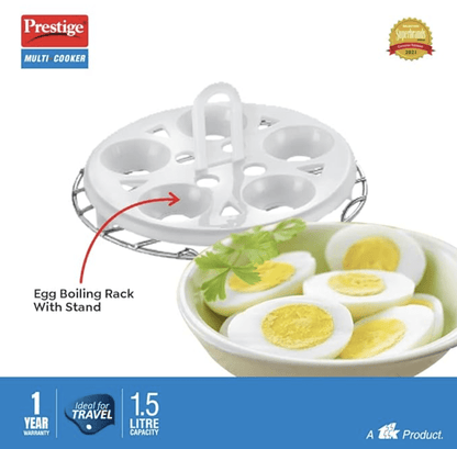 Prestige 1.5L PMC 3.0 Plus Multi Kettle/Multi Cooker|Comes with Idli stand, egg boiling rack & Steamer| Glass Lid with Stainless Steel rim|Temperature Control |Power Indicator (Silver, Black)
