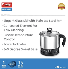 Prestige 1.5L PMC 3.0 Plus Multi Kettle/Multi Cooker|Comes with Idli stand, egg boiling rack & Steamer| Glass Lid with Stainless Steel rim|Temperature Control |Power Indicator (Silver, Black)-6