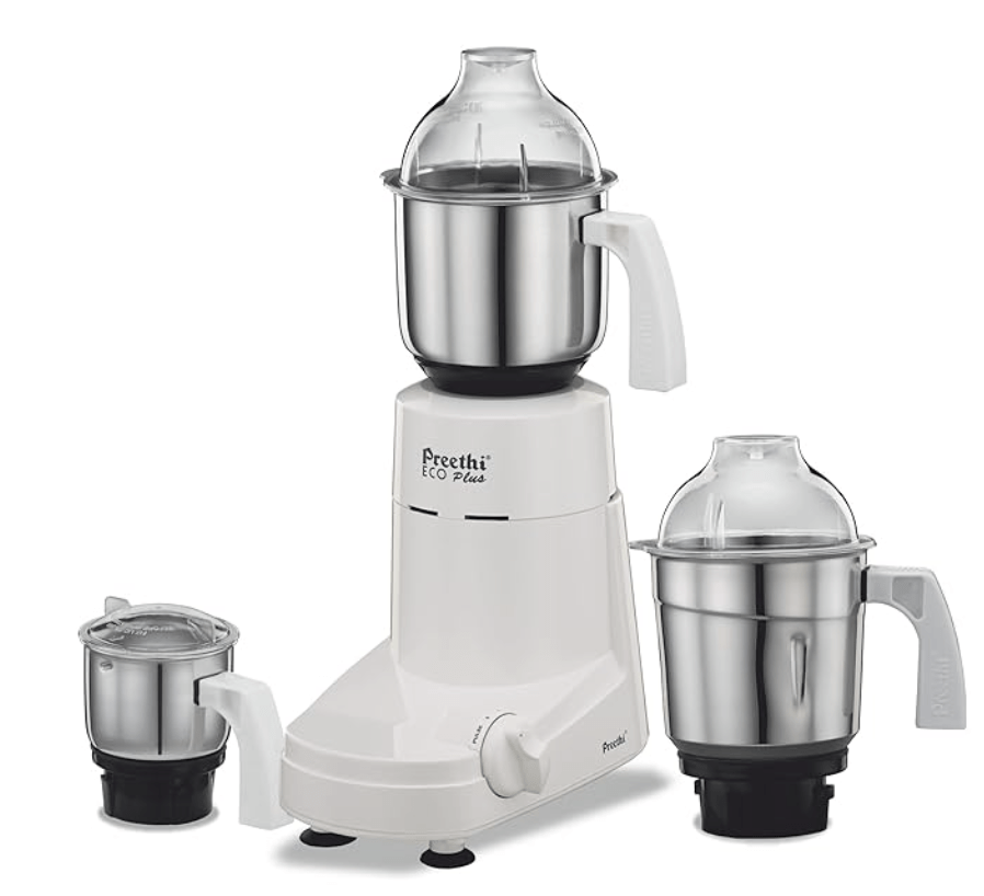 Preethi Eco Plus MG-138 110V, 550 Watt Mixer Grinder with 3 Jars (0.4L Chutney grinding Jar + 1.0L dry grinding Jar + 1.5L Wet grinding Jar, Stainless Steel) with 5 Yrs Motor warranty, White