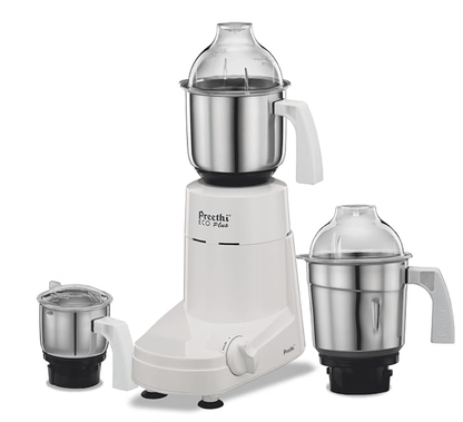 Preethi Eco Plus MG-138 110V, 550 Watt Mixer Grinder with 3 Jars (0.4L Chutney grinding Jar + 1.0L dry grinding Jar + 1.5L Wet grinding Jar, Stainless Steel) with 5 Yrs Motor warranty, White