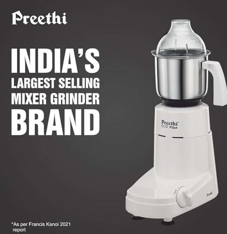 Preethi Eco Plus MG-138 110V, 550 Watt Mixer Grinder with 3 Jars (0.4L Chutney grinding Jar + 1.0L dry grinding Jar + 1.5L Wet grinding Jar, Stainless Steel) with 5 Yrs Motor warranty, White