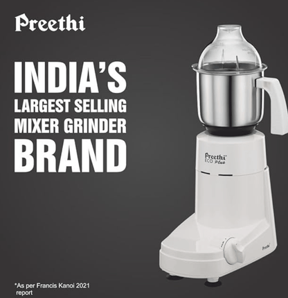 Preethi Eco Plus MG-138 110V, 550 Watt Mixer Grinder with 3 Jars (0.4L Chutney grinding Jar + 1.0L dry grinding Jar + 1.5L Wet grinding Jar, Stainless Steel) with 5 Yrs Motor warranty, White