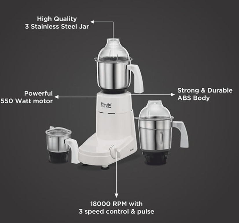 Preethi Eco Plus MG-138 110V, 550 Watt Mixer Grinder with 3 Jars (0.4L Chutney grinding Jar + 1.0L dry grinding Jar + 1.5L Wet grinding Jar, Stainless Steel) with 5 Yrs Motor warranty, White