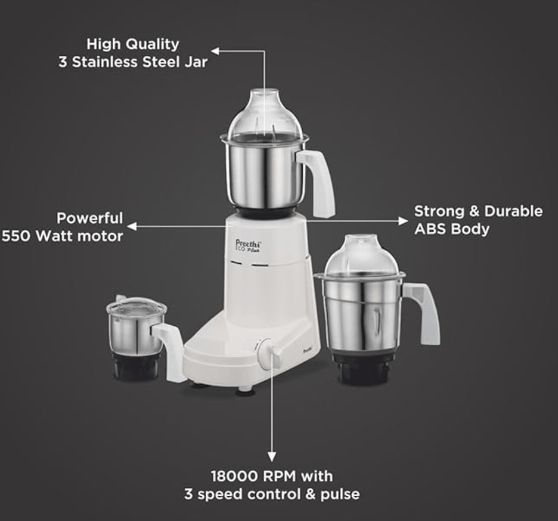 प्रीति इको प्लस MG-138 110V, 550 वाट मिक्सर ग्राइंडर 3 जार के साथ (0.4L चटनी ग्राइंडिंग जार + 1.0L ड्राई ग्राइंडिंग जार + 1.5L वेट ग्राइंडिंग जार, स्टेनलेस स्टील) 5 साल की मोटर वारंटी के साथ, सफ़ेद -2