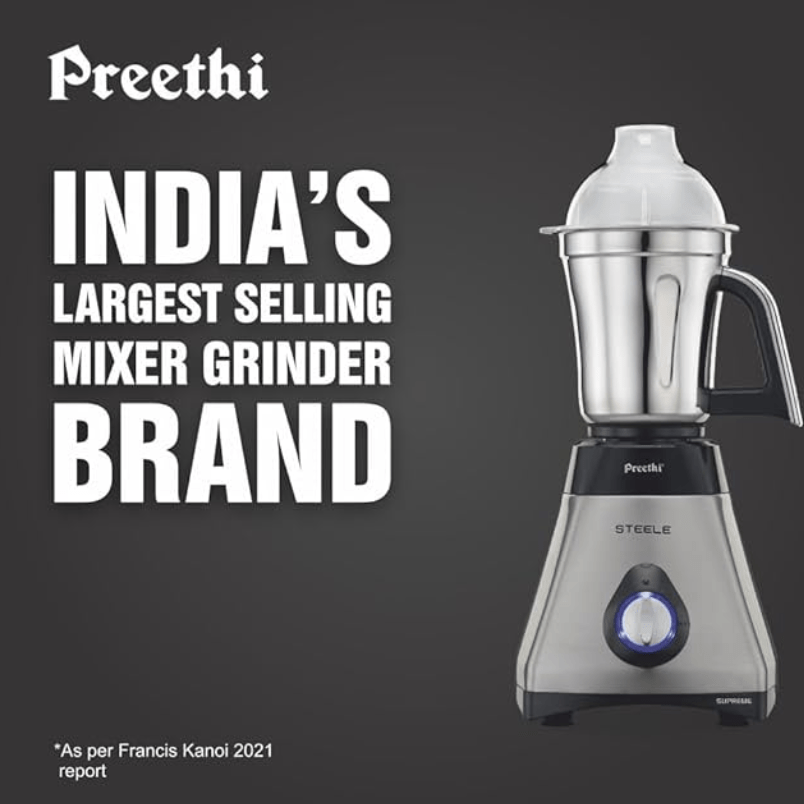 ப்ரீத்தி ஸ்டீல் 110 V, MG-206, 550 வாட், 3 ஜாடிகள், டர்போவென்ட் தொழில்நுட்பம், 2 வருட தயாரிப்பு உத்தரவாதம் (வெள்ளி/கருப்பு) 