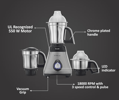ப்ரீத்தி ஸ்டீல் 110 V, MG-206, 550 வாட், 3 ஜாடிகள், டர்போவென்ட் தொழில்நுட்பம், 2 வருட தயாரிப்பு உத்தரவாதம் (வெள்ளி/கருப்பு) 