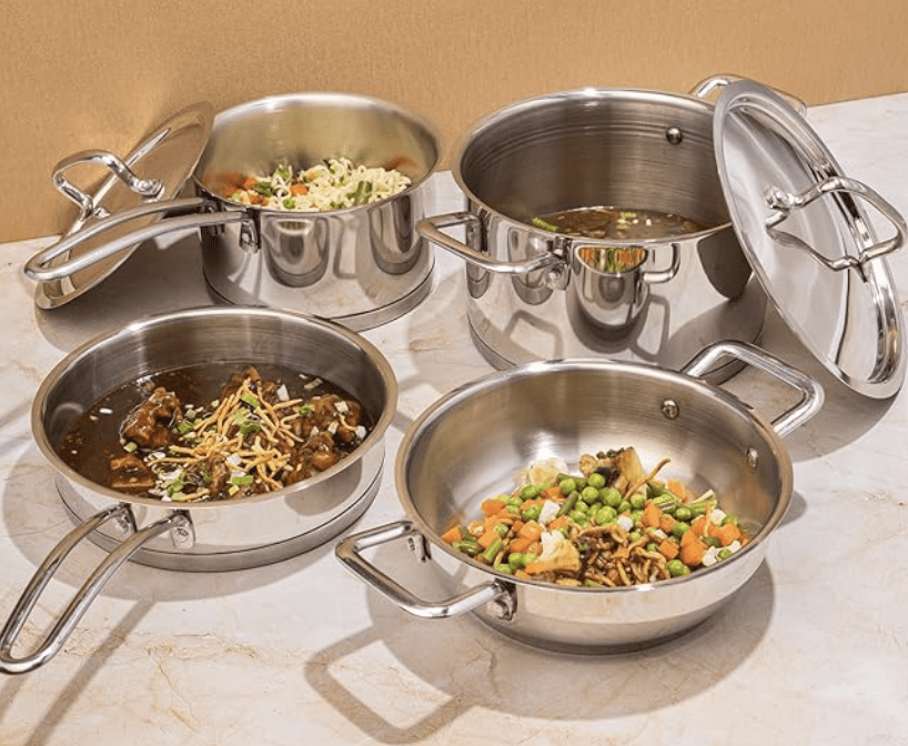 Vinod Classic Deluxe Stainless Steel Cookware Combo Set of 4 Pcs/Saucepan, Saucepot, Kadai and Frypan/Deep Kadhai for Cooking/Heavy Induction Bottom - 2 Years Warranty