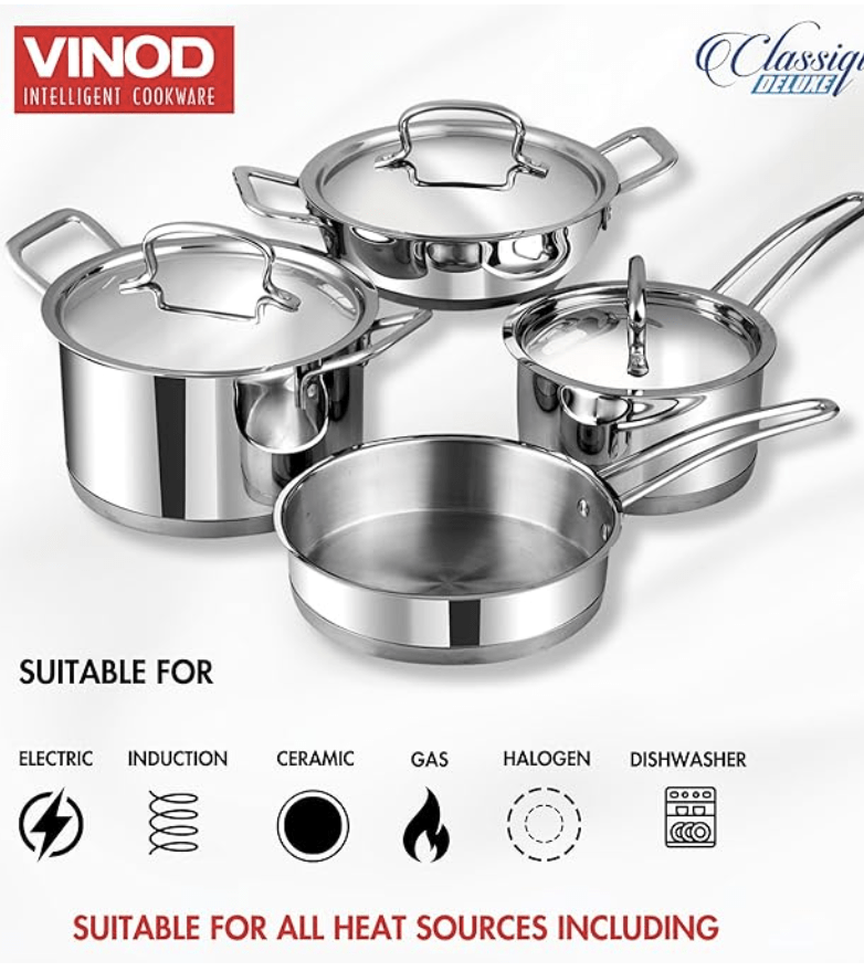 Vinod Classic Deluxe Stainless Steel Cookware Combo Set of 4 Pcs/Saucepan, Saucepot, Kadai and Frypan/Deep Kadhai for Cooking/Heavy Induction Bottom - 2 Years Warranty