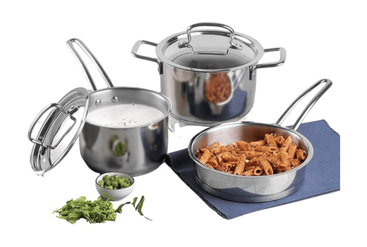 Vinod Classic Deluxe Stainless Steel Cookware Combo Set of 3 Pcs | Saucepan, Saucepot and Frypan | Extra Deep, Riveted Handles | Induction Base | 2 Year Warranty