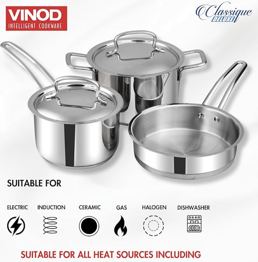Vinod Classic Deluxe Stainless Steel Cookware Combo Set of 3 Pcs | Saucepan, Saucepot and Frypan | Extra Deep, Riveted Handles | Induction Base | 2 Year Warranty