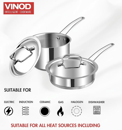 Vinod Classic Deluxe Stainless Steel Cookware Combo Set of 2 Pcs | Saucepan 2.1 Litre (16cm), Frypan (20cm) | Extra Deep, Riveted Handles | Induction Base | 2 Year Warranty