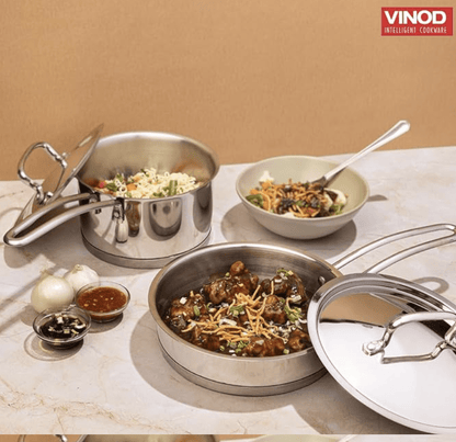 Vinod Classic Deluxe Stainless Steel Cookware Combo Set of 2 Pcs | Saucepan 2.1 Litre (16cm), Frypan (20cm) | Extra Deep, Riveted Handles | Induction Base | 2 Year Warranty