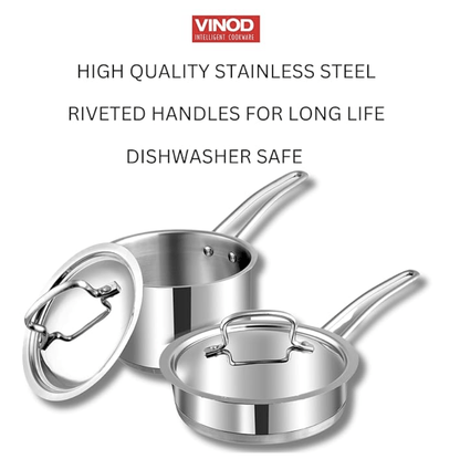 Vinod Classic Deluxe Stainless Steel Cookware Combo Set of 2 Pcs | Saucepan 2.1 Litre (16cm), Frypan (20cm) | Extra Deep, Riveted Handles | Induction Base | 2 Year Warranty