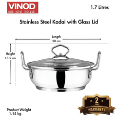 Vinod Stainless Steel Kadhai with Glass Lid - 1.7 litre, 20cm | Extra Thick, SAS Heavy Bottom | Kadai for Cooking | Induction and Gas Base | 2 Year Warranty - Silver-3
