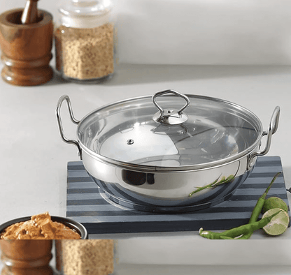 Vinod Stainless Steel Kadhai with Glass Lid - 2.7 litre, 24cm | Extra Thick, SAS Heavy Bottom | Kadai for Cooking | Induction and Gas Base | 2 Year Warranty - Silver