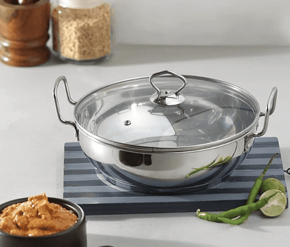 Vinod Stainless Steel Kadhai with Glass Lid - 1.4 litre, 18cm | Extra Thick, SAS Heavy Bottom | Kadai for Cooking | Induction and Gas Base | 2 Year Warranty - Silver