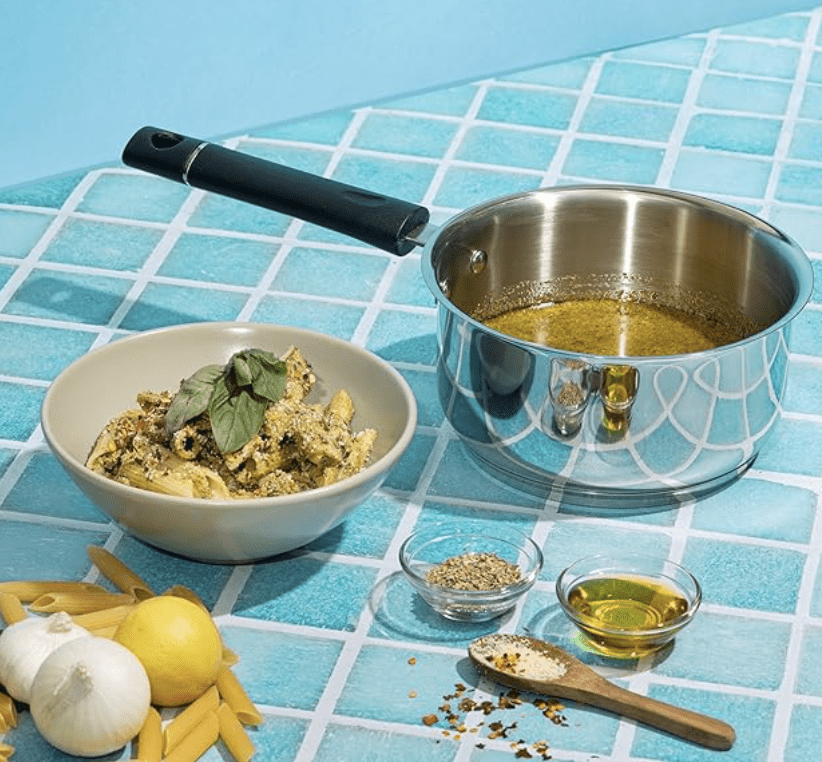 Vinod Tivoli Heavy Guage Stainless Steel Saucepan - 1.1 litre (14cm) | SAS Bottom | 2 Layer Extra Thick Aluminum Core | Induction and Gas Base | Bakelite Handle - 2 Year Warranty