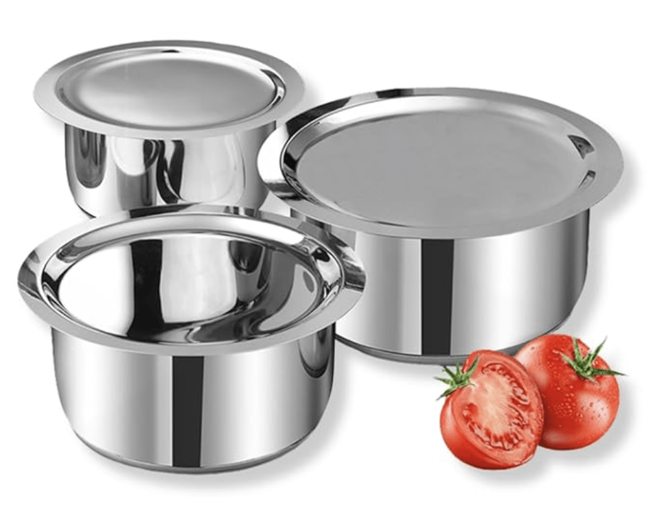 Vinod Stainless Steel Cookware Combo Tope Set of 3 with Lid / 1.4, 1.8 and 2.2 litre Sandwich Bottom Patila/Bhagona for Cooking Milk, Rice/Induction Base - 2 Years Warranty