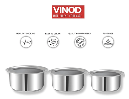 Vinod Stainless Steel Cookware Combo Tope Set of 3 with Lid / 1.4, 1.8 and 2.2 litre Sandwich Bottom Patila/Bhagona for Cooking Milk, Rice/Induction Base - 2 Years Warranty