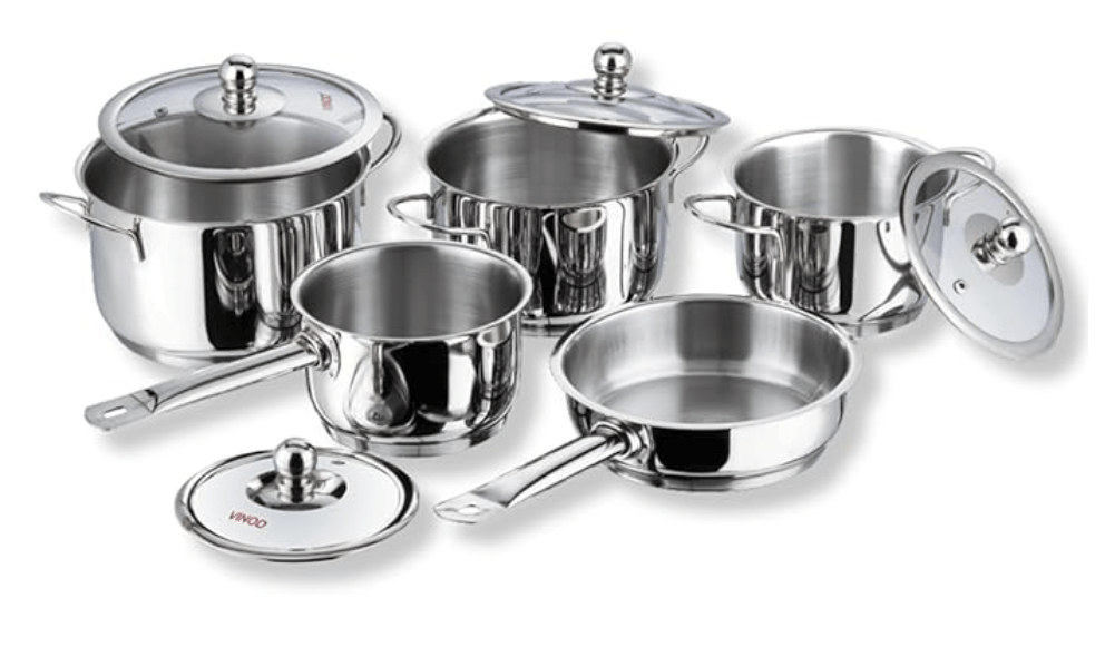 Vinod Tuscany Stainless Steel Cookware Set of 5 Pieces | Saucepot Set of 3 Pcs with Glass Lid | Saucepan and Frypan | Extra Deep | Induction Base | 2 Year Warranty