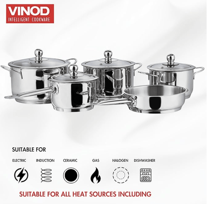 Vinod Tuscany Stainless Steel Cookware Set of 5 Pieces | Saucepot Set of 3 Pcs with Glass Lid | Saucepan and Frypan | Extra Deep | Induction Base | 2 Year Warranty