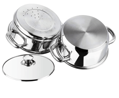 Vinod Stainless Steel Steamer 2 Tier with Glass Lid 24 cm | 2.5 mm Thick Base | Multi Purpose Momos, Modak Maker Steamer | Induction and Gas Base | 2 Year Warranty - Silver