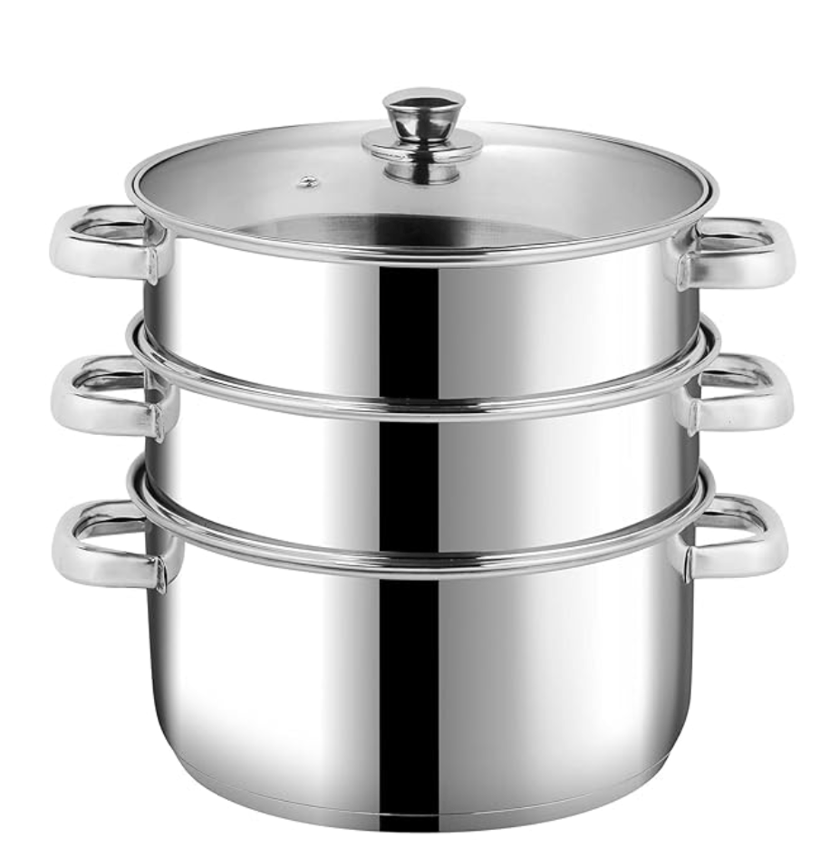 Vinod Stainless Steel Steamer 3 Tier with Glass Lid 24 cm | 2.5 mm Thick Base | Multi Purpose Momos, Modak Maker Steamer | Induction and Gas Base | 2 Year Warranty - Silver
