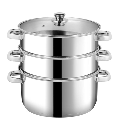 Vinod Stainless Steel Steamer 3 Tier with Glass Lid 24 cm | 2.5 mm Thick Base | Multi Purpose Momos, Modak Maker Steamer | Induction and Gas Base | 2 Year Warranty - Silver