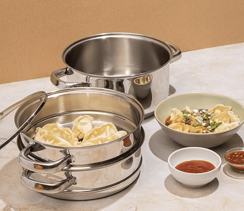 Vinod Stainless Steel Steamer 3 Tier with Glass Lid 24 cm | 2.5 mm Thick Base | Multi Purpose Momos, Modak Maker Steamer | Induction and Gas Base | 2 Year Warranty - Silver-2