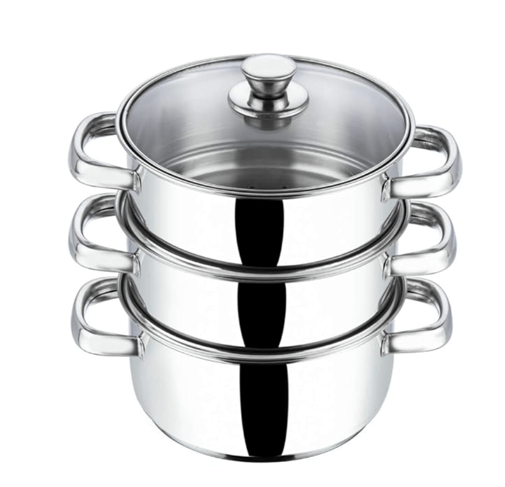 Vinod Stainless Steel Steamer 3 Tier with Glass Lid 18 cm | 2.5 mm Thick Base | Multi Purpose Momos, Modak Maker Steamer | Induction and Gas Base | 2 Year Warranty - Silver