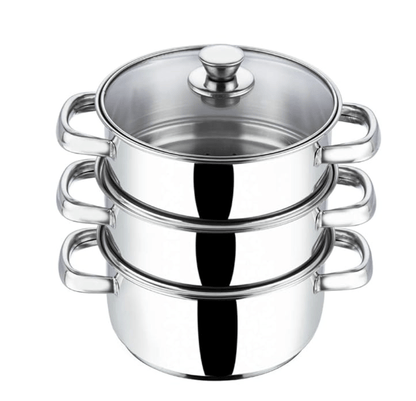 Vinod Stainless Steel Steamer 3 Tier with Glass Lid 18 cm | 2.5 mm Thick Base | Multi Purpose Momos, Modak Maker Steamer | Induction and Gas Base | 2 Year Warranty - Silver