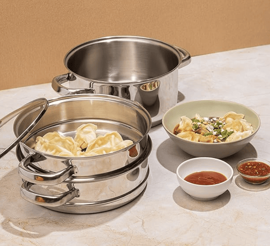 Vinod Stainless Steel Steamer 3 Tier with Glass Lid 18 cm | 2.5 mm Thick Base | Multi Purpose Momos, Modak Maker Steamer | Induction and Gas Base | 2 Year Warranty - Silver