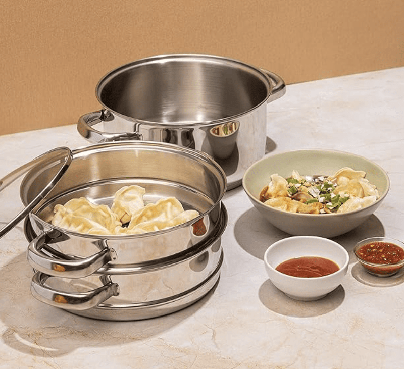 Vinod Stainless Steel Steamer 3 Tier with Glass Lid 18 cm | 2.5 mm Thick Base | Multi Purpose Momos, Modak Maker Steamer | Induction and Gas Base | 2 Year Warranty - Silver-2
