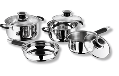 Vinod Stainless Steel Induction and Gas Stove Friendly Master Chef Cookware Set- 4Pieces, Saucepan (16 cm/1.5 litre), Casserole (18 cm /2.1 L Kadai (20 cm/ 2 litre) with Glass Lids, Frypan (20 cm)-1