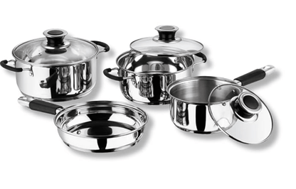 Vinod Stainless Steel Induction and Gas Stove Friendly Master Chef Cookware Set- 4Pieces, Saucepan (16 cm/1.5 litre), Casserole (18 cm /2.1 L Kadai (20 cm/ 2 litre) with Glass Lids, Frypan (20 cm)
