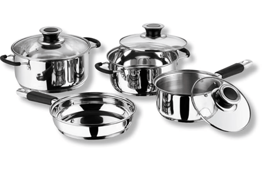 வினோத் ஸ்டெய்ன்லெஸ் ஸ்டீல் இண்டக்ஷன் மற்றும் கேஸ் ஸ்டவ் ஃப்ரெண்ட்லி மாஸ்டர் செஃப் குக்வேர் செட் - 4 துண்டுகள், சாஸ்பான் (16 செ.மீ/1.5 லிட்டர்), கேசரோல் (18 செ.மீ /2.1 லிட்டர் கடாய் (20 செ.மீ/2 லிட்டர்) கண்ணாடி மூடிகளுடன், பிரைபன் (20 செ.மீ) 