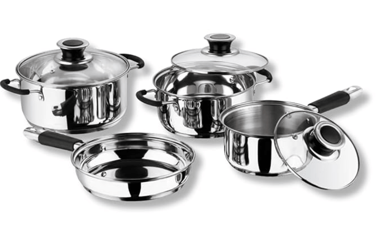 Vinod Stainless Steel Induction and Gas Stove Friendly Master Chef Cookware Set- 4Pieces, Saucepan (16 cm/1.5 litre), Casserole (18 cm /2.1 L Kadai (20 cm/ 2 litre) with Glass Lids, Frypan (20 cm)-1