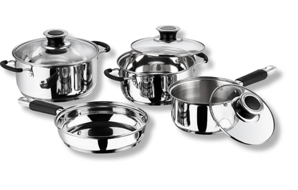 Vinod Stainless Steel Induction and Gas Stove Friendly Master Chef Cookware Set- 4Pieces, Saucepan (16 cm/1.5 litre), Casserole (18 cm /2.1 L Kadai (20 cm/ 2 litre) with Glass Lids, Frypan (20 cm)