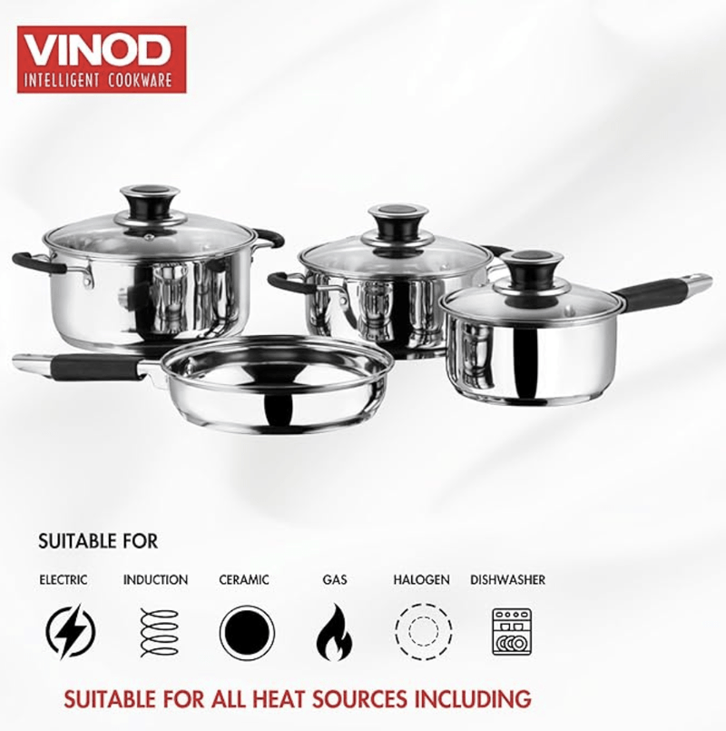 Vinod Stainless Steel Induction and Gas Stove Friendly Master Chef Cookware Set- 4Pieces, Saucepan (16 cm/1.5 litre), Casserole (18 cm /2.1 L Kadai (20 cm/ 2 litre) with Glass Lids, Frypan (20 cm)-2
