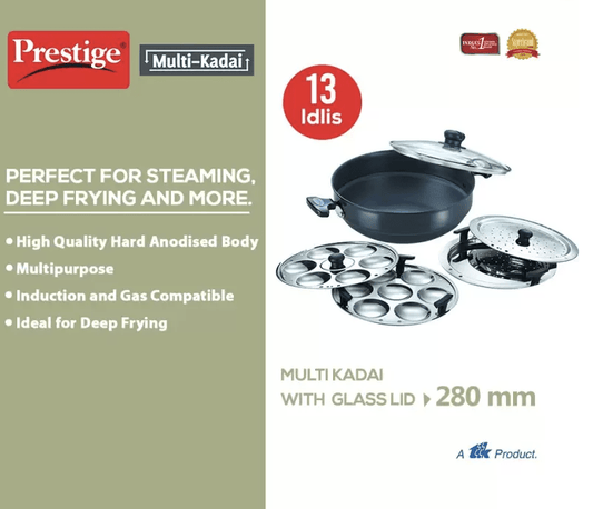 Prestige multi Kadhai 28 cm diameter with Lid 4.5 L capacity  (Hard Anodised, Induction Bottom)